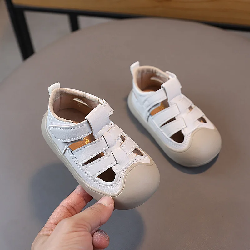 Baby Boy Sandals Summer Toddler Beach Shoes Little Kids Soft PU Leather Close-toed Sandals For Baby Khaki, White
