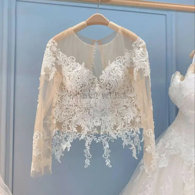 Long Sleeve Wedding Jacket Appliques Bridal Party Coat Scoop Bridal Bolero Wedding Lace Top Customized wedding shawl