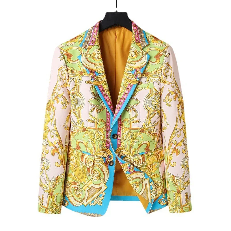 New Luxury Brand Gold Baroque Print Blazer Slim Fit Men Blazer Stage Cloth Social Party Wedding Dress Male Gold Suit Jacket