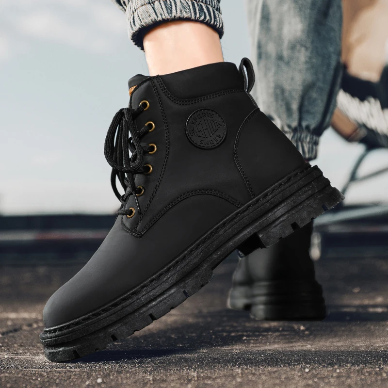 Men's high top boots four season outdoor work shoes anti slip and comfortable yellow boots fashion British casual leather boots - 4