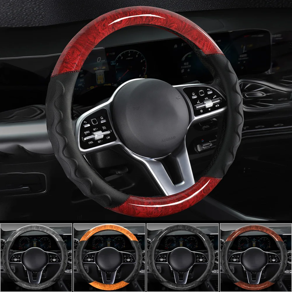 

38cm Car Steering Wheel Cover Universal 15" Mahogany Wood Grain Breathable Anti-Slip Steering Wheel Cover for Round/Flat-Bottom