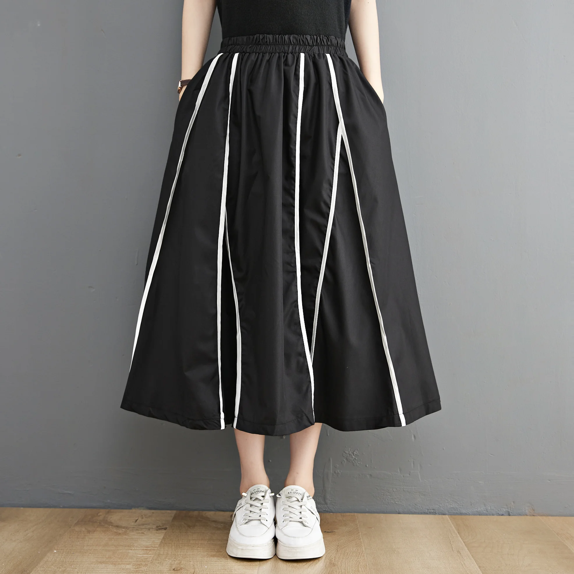

#3017 Ribbons White Striped A-line Skirts Women High Waisted With Pockets Loose Irregular Midi Skirts Female Korean Style Summer