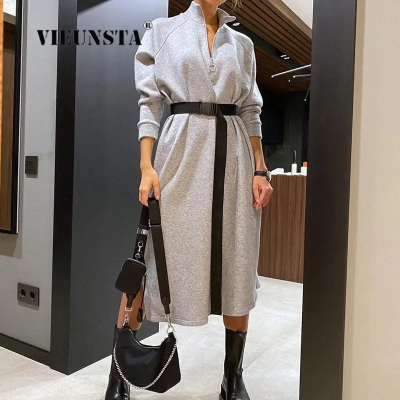 

Casual Retro Simple Solid Color Maxi Dress Fashion Zipper Stand Collar Sweatshirt Dress Autumn Women Long Sleeve Pullover Dress