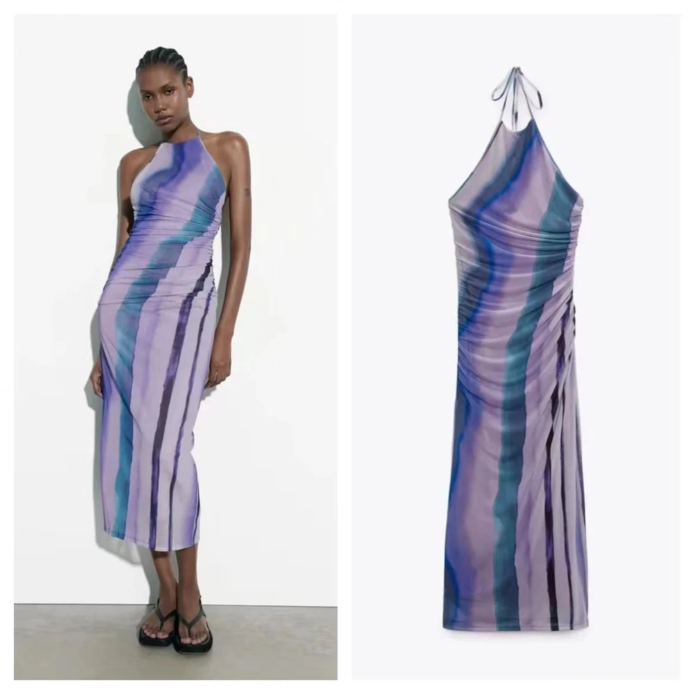 

Женское Тюлевое ДРАПИРОВАННОЕ фиолетовое платье с принтом, пикантное облегающее платье миди с открытой спиной и шнуровкой сзади, летнее женское вечернее платье