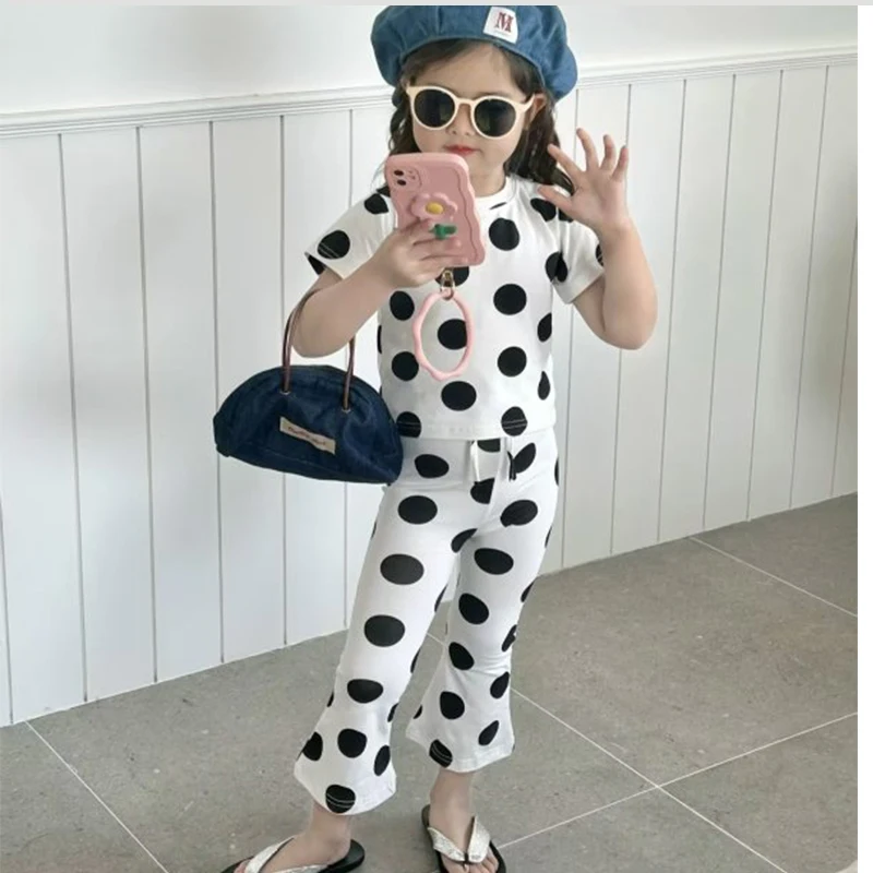 

Summer Pants T Shirt Sets Children Dot Clothing Set Girls 2 Piece Child Set Outfits Kids Clothing Suits