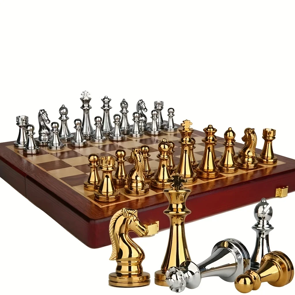 39CM Metal Chess Set 2 Extra Queen Folding Wooden Chess Board Handcrafted Chess Pieces Table Game Travel
