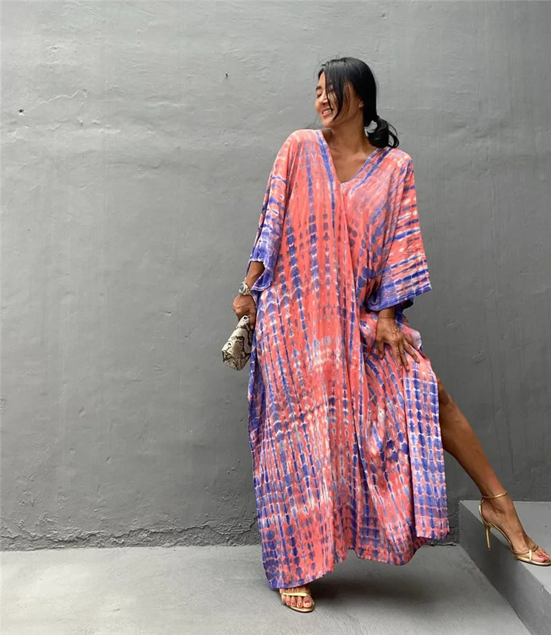 Fashion Casual Striped Print Long Dresses Women Bohemian V-neck Bat Sleeve Loose Slit Beach Dress Summer New Beachwear Vestidos 98 Fashion Casual Striped Print Long Dresses Women Bohemian V-neck Bat Sleeve Loose Slit Beach Dress Summer New Beachwear Vestidos