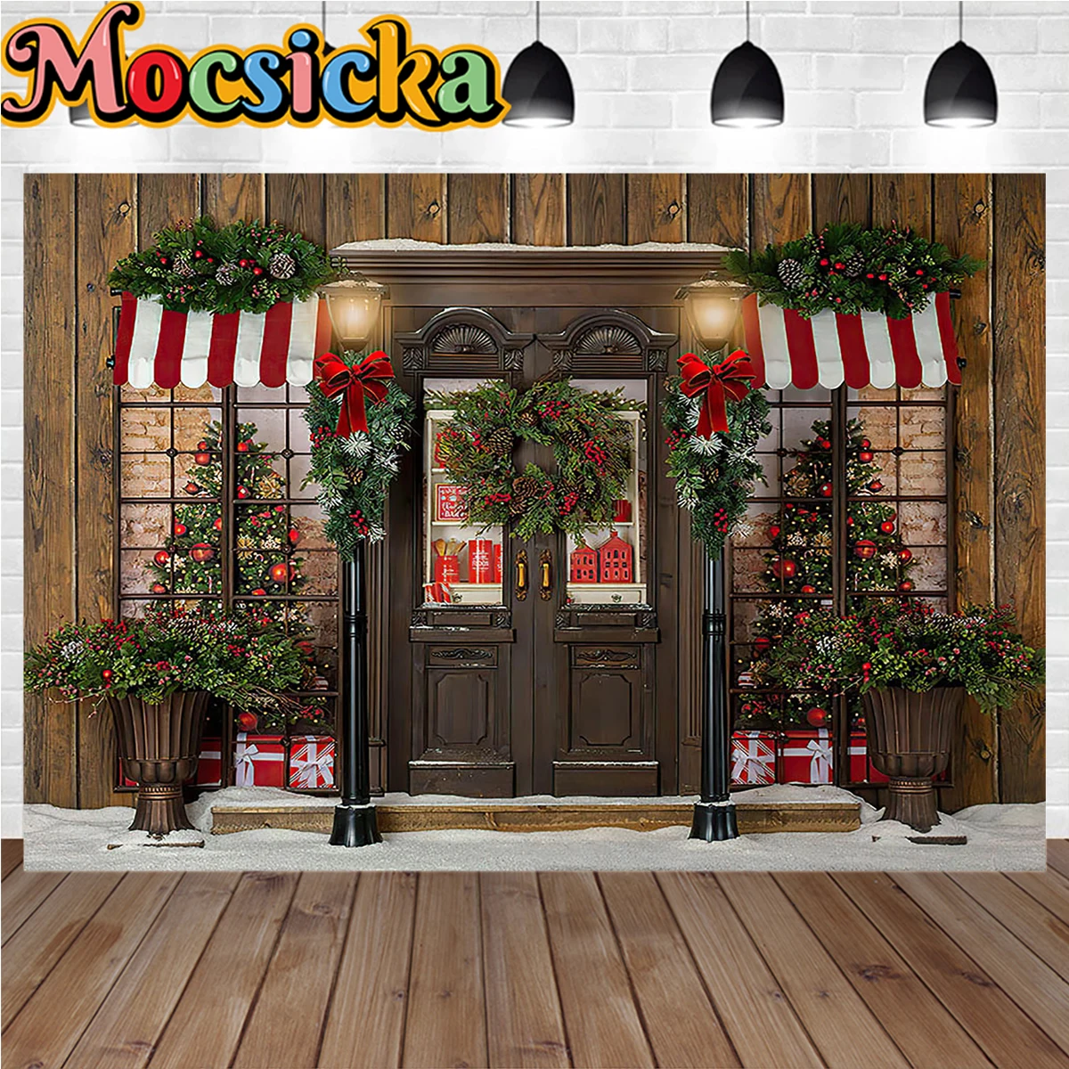 

Winter Christmas Store Photography Background Xmas Tree Street Light Kids Famiyl Portrait Backdrop Gift Shop Poster Photo Studio