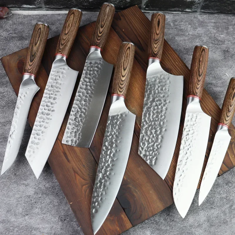 1-7pcs Stainless Steel Knives Set Forged Hammer Boning Butcher Knife Japanese Chef Santoku Cutting Cleaver BBQ Tools