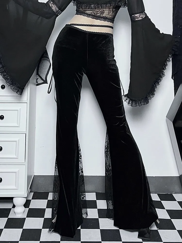 

2023 New Flare Pants Mesh Patchwork Vintage Women Trousers Gothic Mall Lace Up Dark Streetwear Harajuku Grunge High Waist Pants