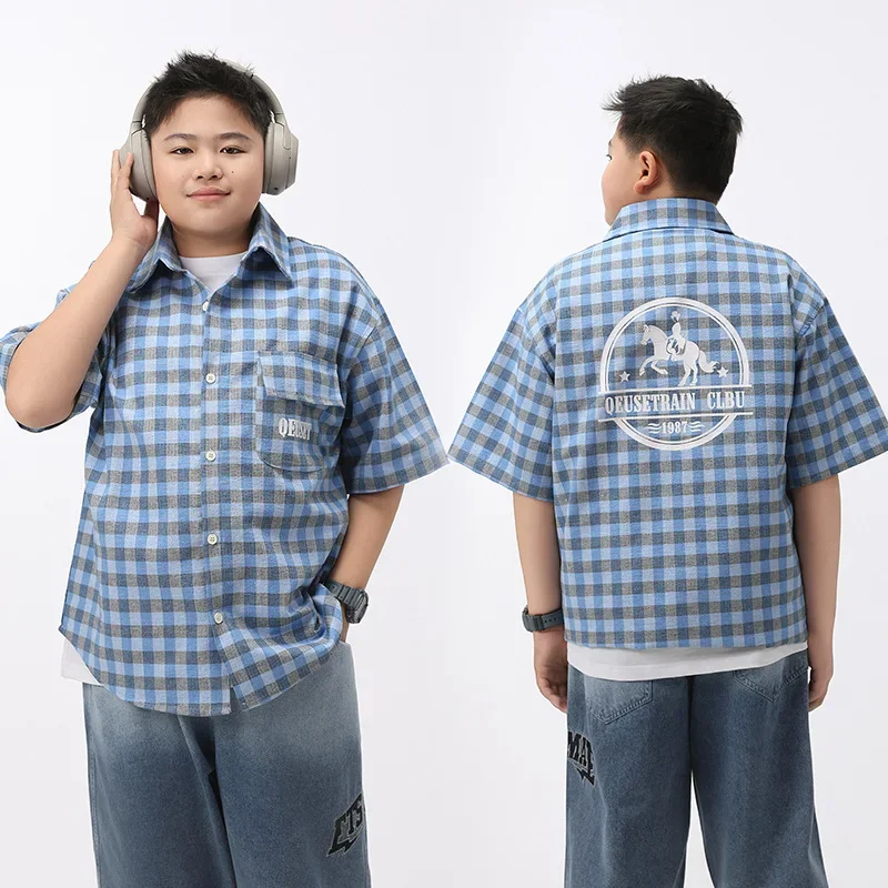 Boys Summer Short Sleeve Shirt Plaid Half Sleeve Trendy Sports Style Children's Clothing Big Kids Middle School Students