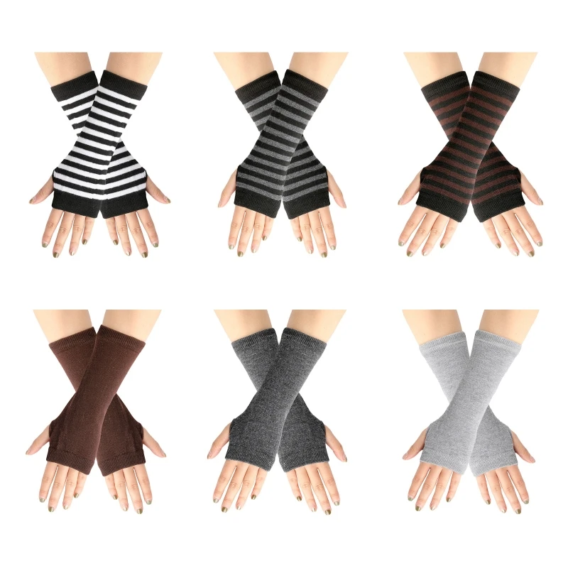 

Q39C Knitted Half Finger Gloves Striped Short Gloves Fingerless Thumb Hole Gloves