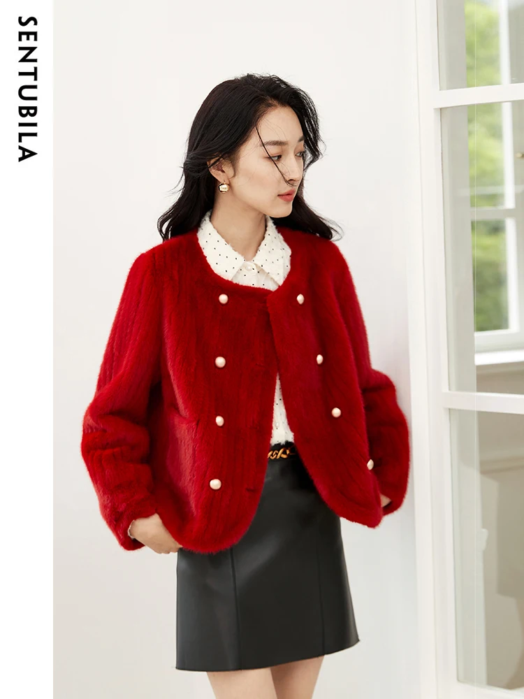 SENTUBILA Women's Imitation Rabbit Fleece Jacket 2023 Autumn Winter Elegant Crew Neck Double-breasted Plush Short Coat W34W50108