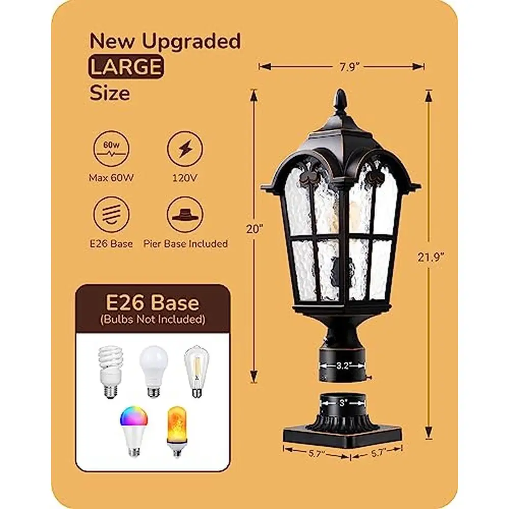 Dusk-to-Dawn Outdoor Post Light Fixture 22" Waterproof With Pier Mount Base Vintage Style Aluminum Glass Pole Lantern Hardwired