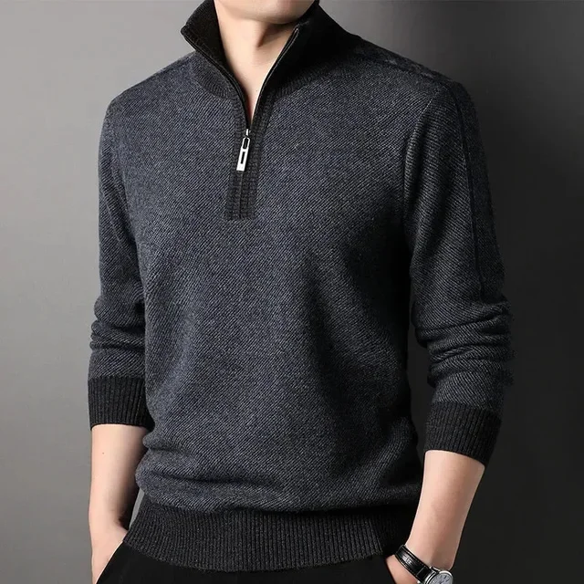 thumbnail image 1 of Suéter de lana de invierno para hombre, nueva camisa de punto con cremallera gruesa de lana pura, jersey para hombre de mediana edad, cuello alto medio, 1 of 5