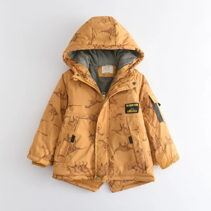 Dinosaur Printed Boy Plush Coat Thick Hooded Cotton Kid Jacket for Girl Winter Cloth for Boy Пальто Для Девочки Пуховик Женский