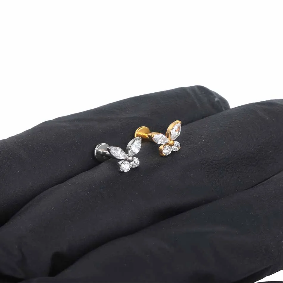 1/5pcs Implant Grade Titanium CZ Butterfly Labret Piercing Flat Back Lip Monroe Tragus Stud Earring Tragus Piercing Body Jewelry 4