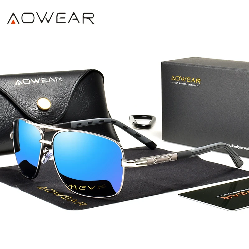 

AOWEAR Luxury Square Polarized Sunglasses for Men Women Vintage Blue Mirror Sun Glasses Fashion Aluminum Shades Sunglass Gafas