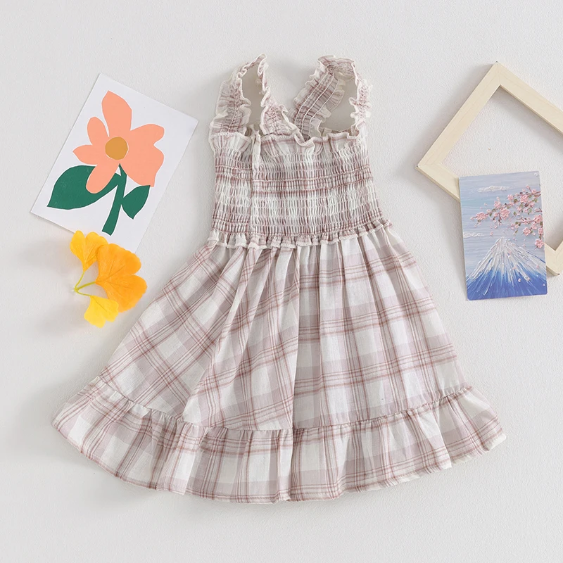 

Baby Girl Summer Dress Sleeveless Square Neck Plaid Print A-Line Dress Toddler Casual Dress