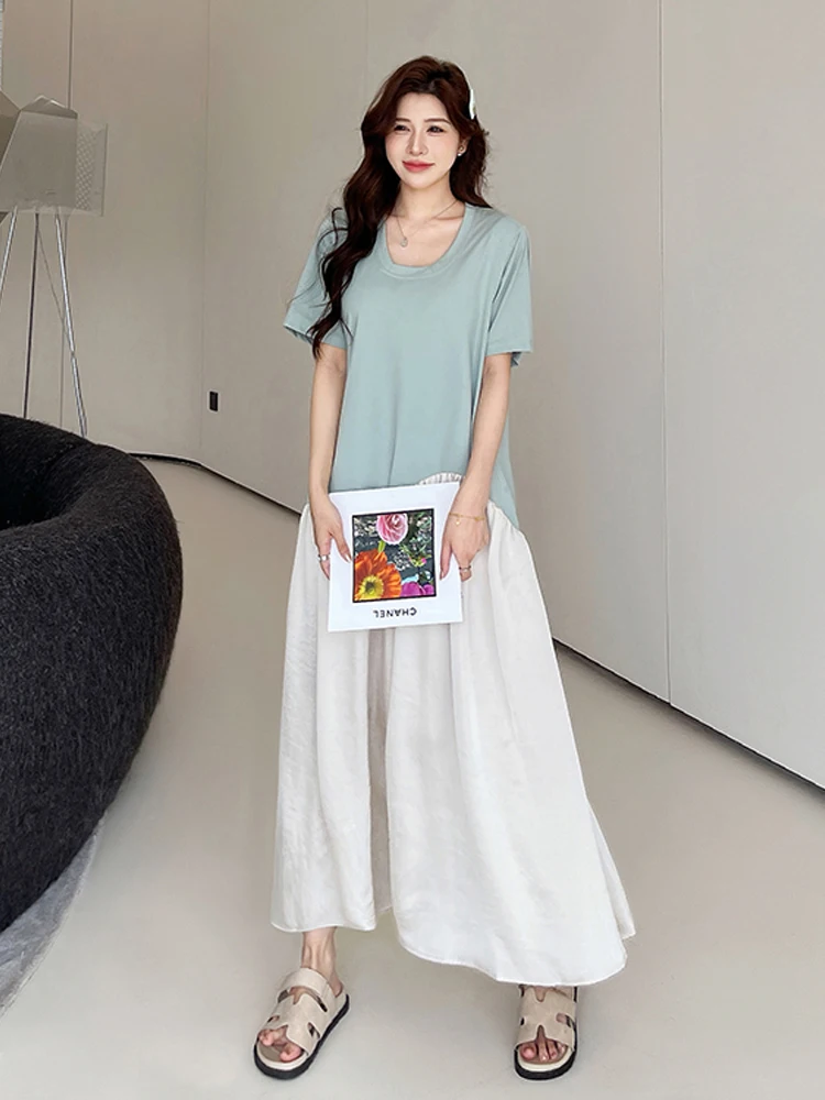 NYFS 2025 Summer Dress Loose plus Size Satin acetate Hem Long Dresses Robe  Elbise Short Sleeve Korean Style Solid Woman Dress - AliExpress 200000345