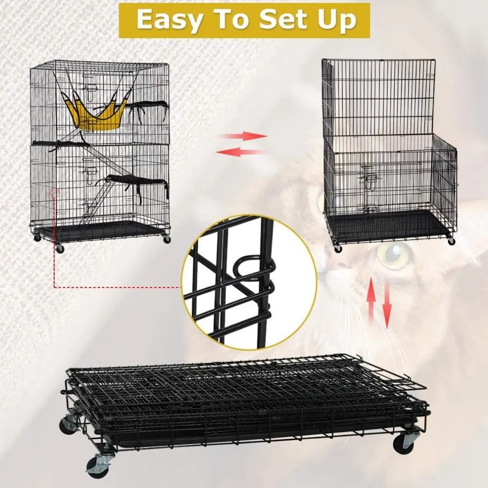 4-Tier 48 Inches Cage Crate Cat Kennel Cat Playpen with Free Hammock 3 Bed 2 Front Doors 3 Ramp Ladders Perching