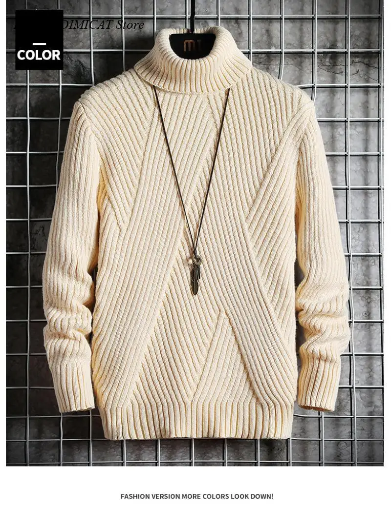 Men Solid Color Irregular Stripes Korean Fashion Sweater Mock Neck Sweater Knit Pullovers Autumn Slim Fit Fashion Clothing
