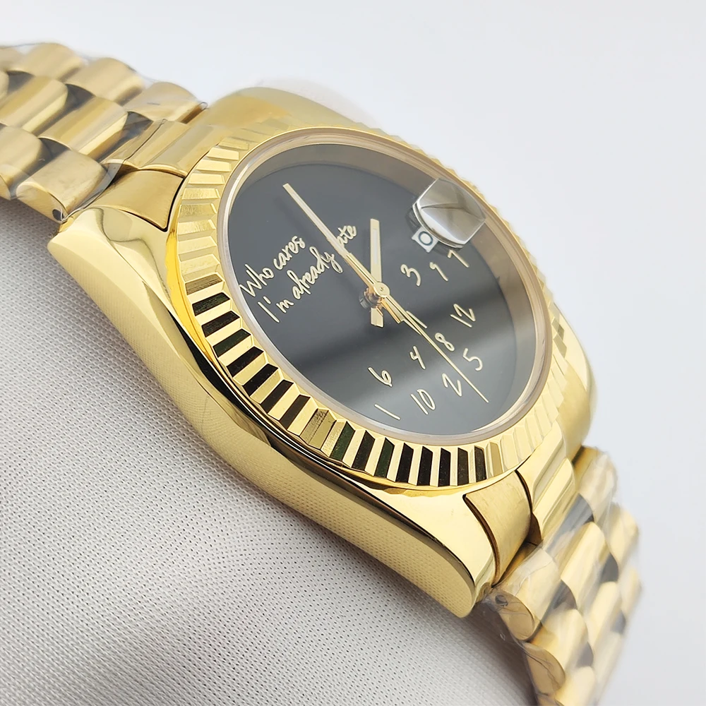 Gold Men Watch Who cares i'm already late Watch No gold Text Sapphire Glass Stainless Steel nh35 Movement Waterproof