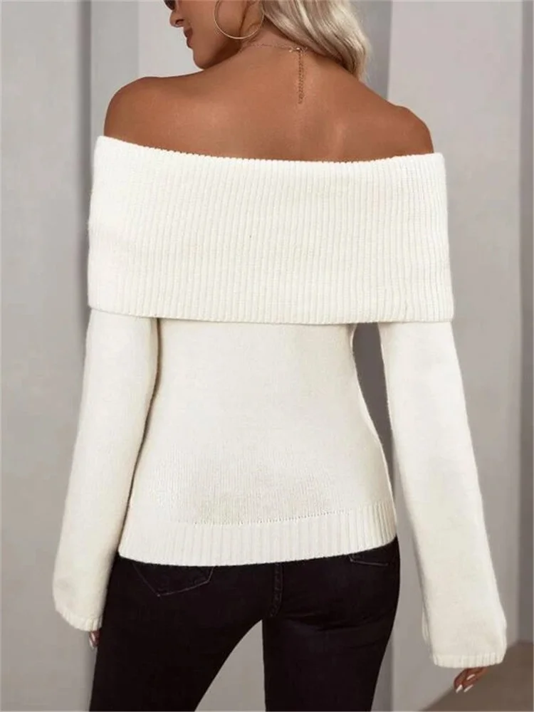 Suéter de punto blanco para mujer, jersey ajustado con hombros descubiertos, moda, manga larga, cintura alta, sin espalda, suelto, ropa de calle, nuevo