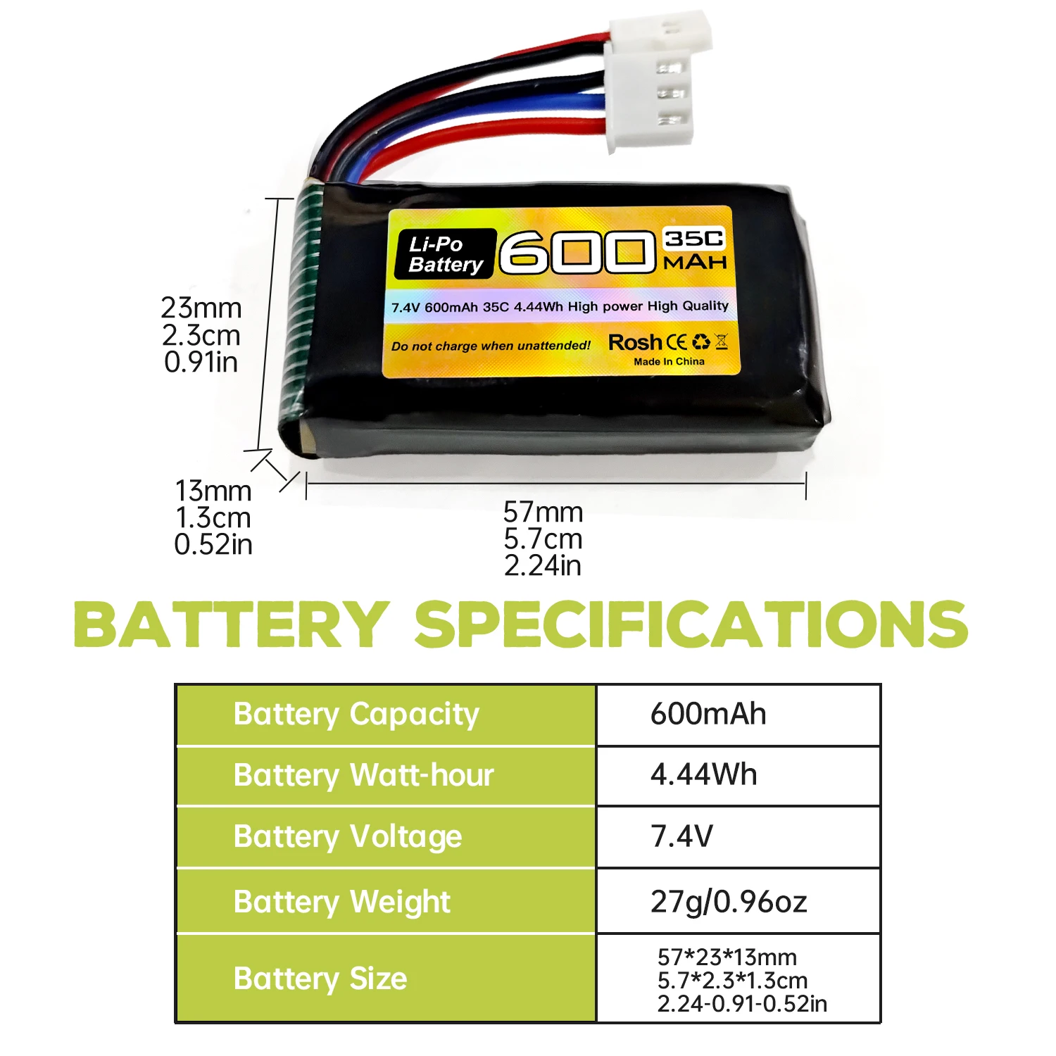 2 batteries LiPo 7.4V 600mAh 35C 2S pour FMS FCX24 RC