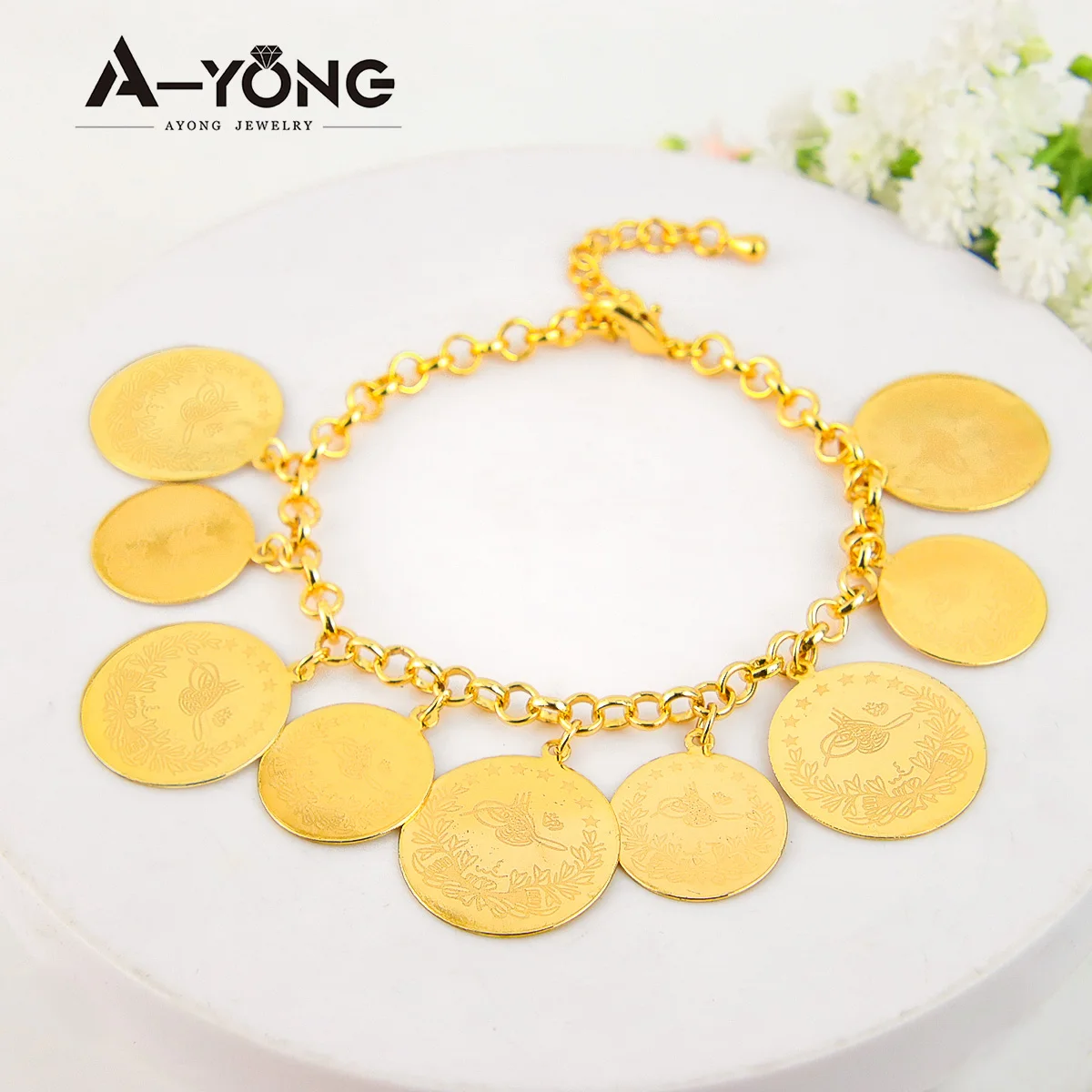 Arabische Goldmünzen-Anhänger-Armband, 18 Karat vergoldet, türkische Mode-Armreifen, Oman, muslimische islamische Frau, Party-Event, Schmuck, Geschenke – Detail 2