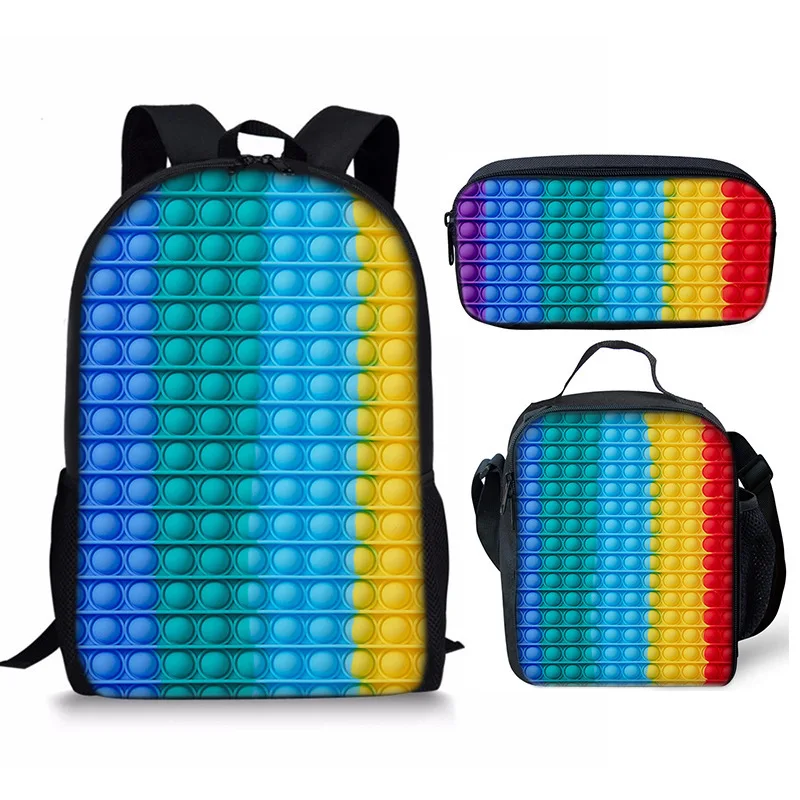Cartoon Rainbow Colorful Push Bubble 3pcs/Set Backpacks 3D Print School Bookbag Travel Laptop Daypack Lunch Bags Pencil Case