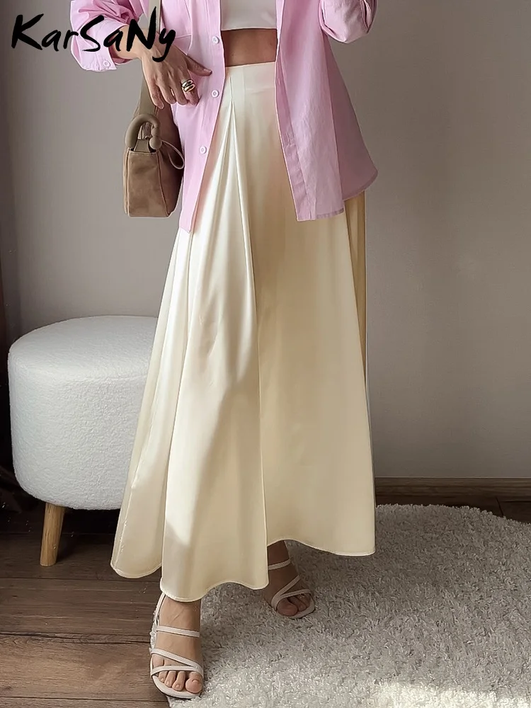 여성용 우아한 새틴 A 라인 스커트, 루즈 단색 패션 캐주얼 스커트, 하이 웨이스트 지퍼 롱 스커트, 여름 신상 여성용 우아한 새틴 A 라인 스커트, 루즈 단색 패션 캐주얼 스커트, 하이 웨이스트 지퍼 롱 스커트, 여름 신상