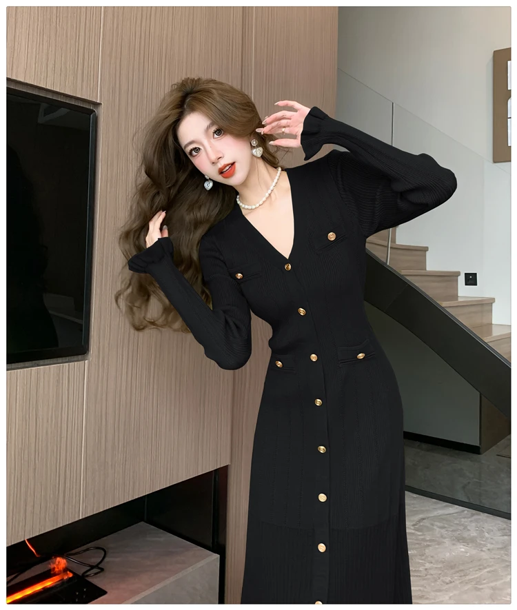 Autumn Solid Knitted Dresses for Women Single Breasted Chic Flared Sleeve Ruffles Hem Casual Female Office Elegant Robes