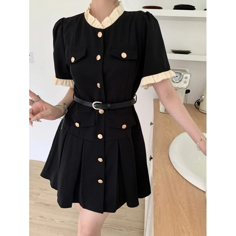 

Black Sweet Lotus Leaf Collar Dress Summer Women French Vintage Loose Short Sleeve Slim Small Fragrance Mini Dresses 4XL 1554