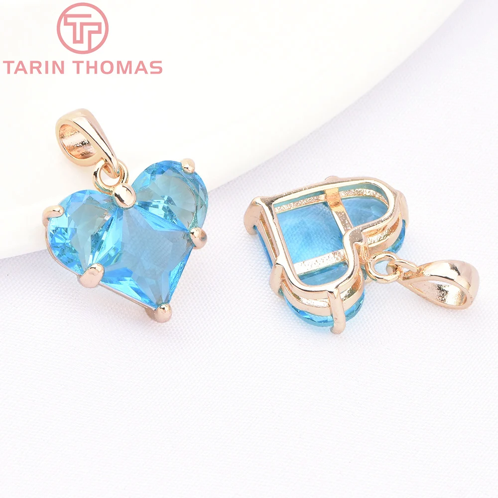 Heart Charms Pendants (280)4PCS 14x14.5MM Hole 2.5MM 24K Gold Color Brass with Zircon Jewelry Findings Accessories