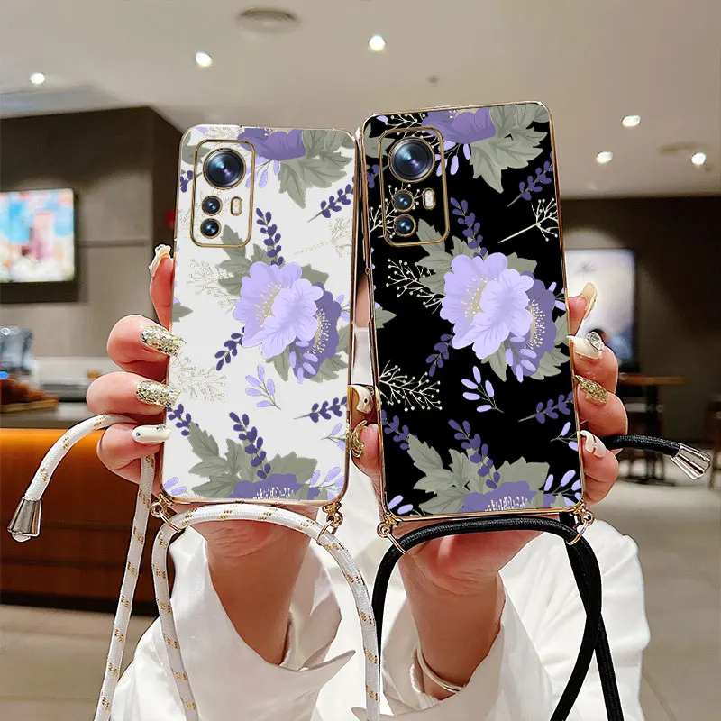 

Purple Peony Lanyard Plating Phone Case For Xiaomi Mi 12 12T 12X 12S 12Lite 13 13Pro 13Ultra 14 14Pro 11 11Pro 11Lite 10T Cover