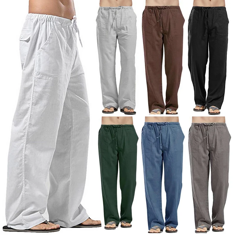 

Men Cotton Linen Wed Leg Casual Fisherman Loose Pants White Black Solid Color Autumn Summer Drawstring Trousers Beachwear M-3XL