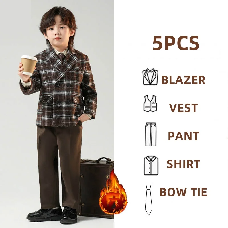 Kinder Jungen Herbst Winter Karierten Anzug Kinder Jungen Hochzeit Klavier Leistung Geburtstag Party Fotografie Kostüm Formale Blazer Anzug – Detail 16