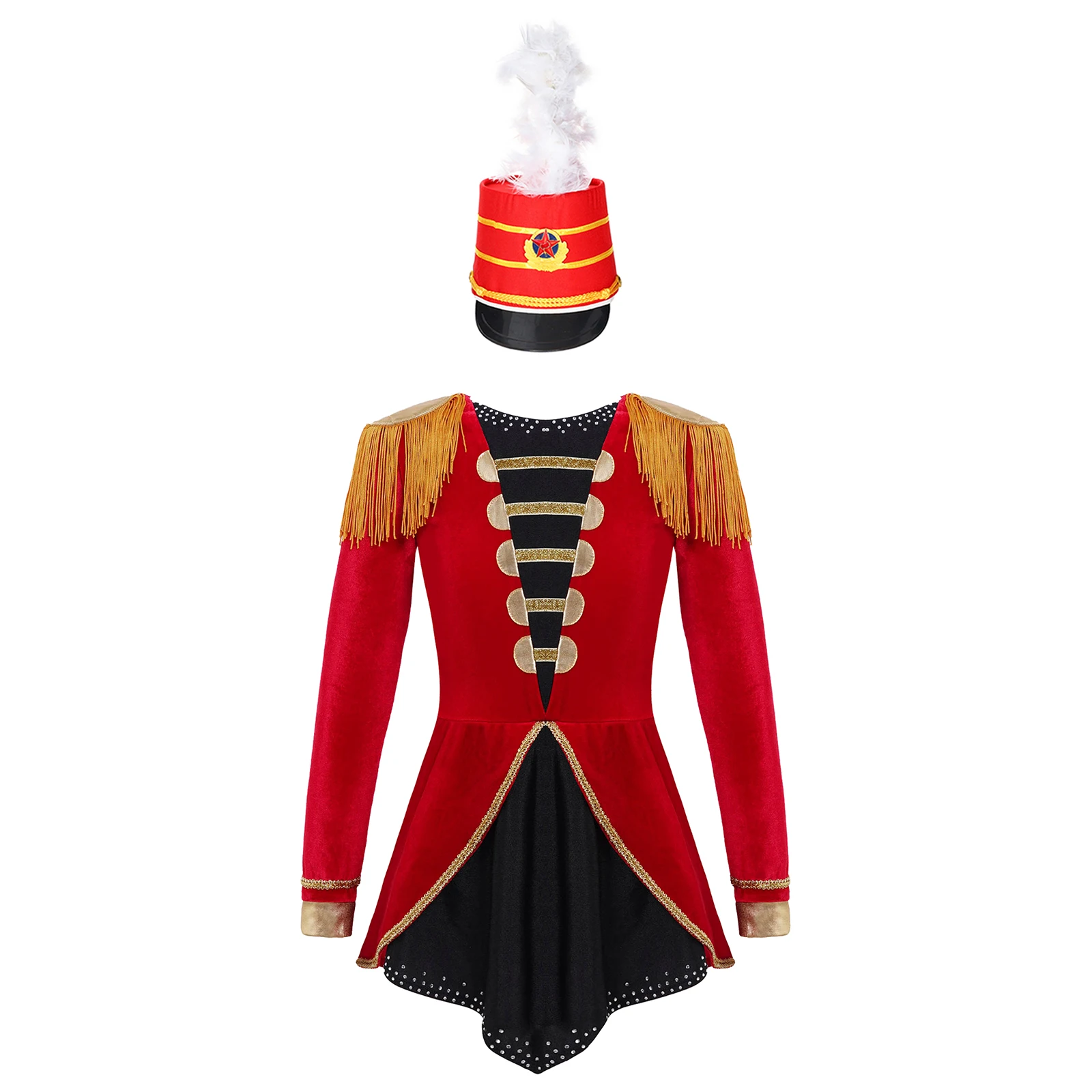 Kid Girls Halloween Circus Ringmaster Costume Flag Raiser Honour Guard Cosplay Long Sleeve Tassel Leotard Dress with Feather Hat