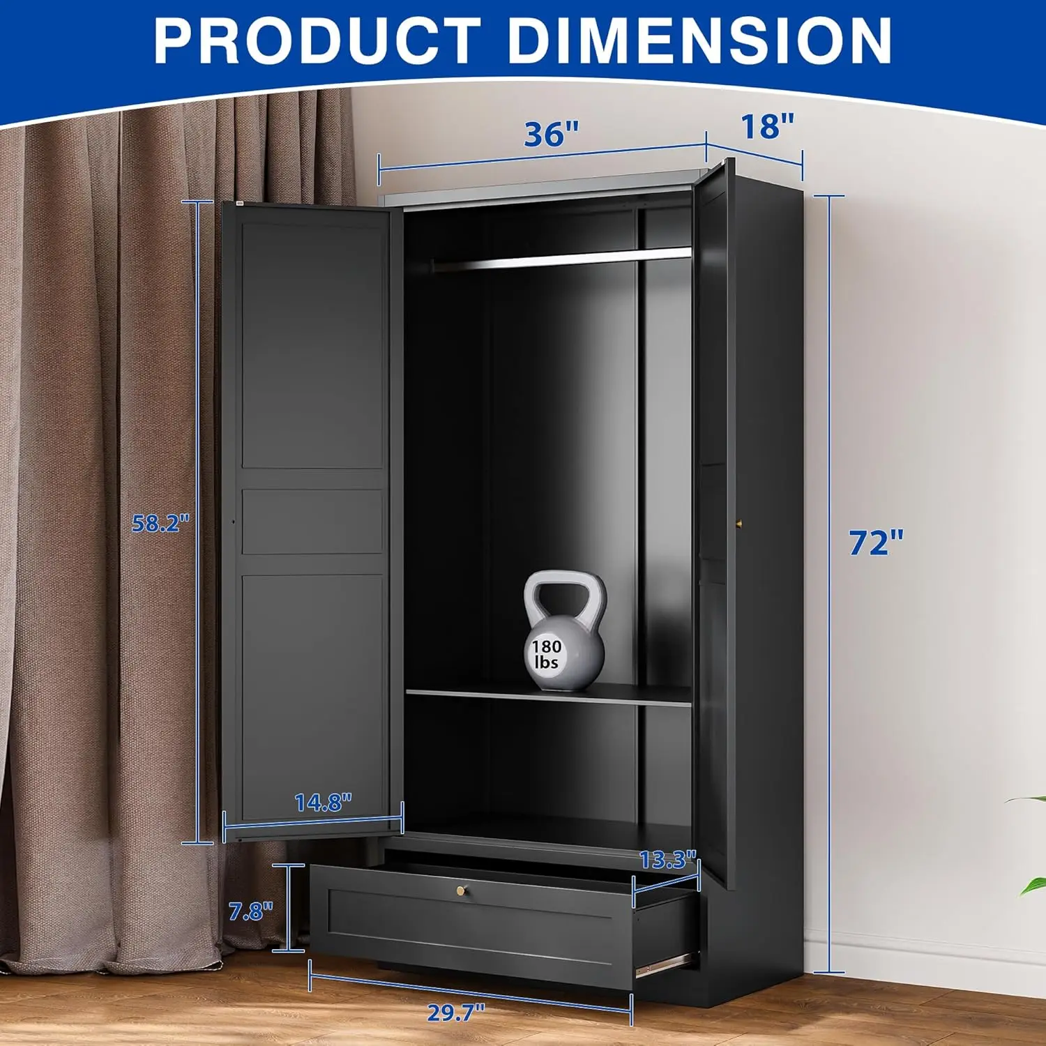Metal Armoire Wardrobe Closet with 2 Doors 72''Wardrobe Cabinet with Drawers & Hanging Rail Metal Closet with Adjustable Shelves 2