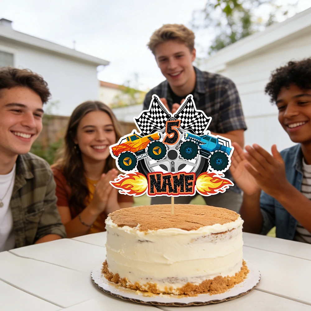 Personalisierter Monster-Truck-Kuchenaufsatz zum Geburtstag mit individuellem Namen und Alter für Meilenstein-Geburtstagsfeier-Kuchendekoration – Detail 2