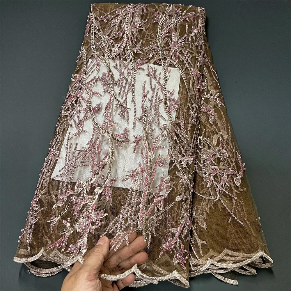 

African Nigerian Sequins Tulle Lace Fabric,Sewing Net Cloth, Prom Dresses Beads,Embroidery, High Quality, 2024,5Yad, ZJ021