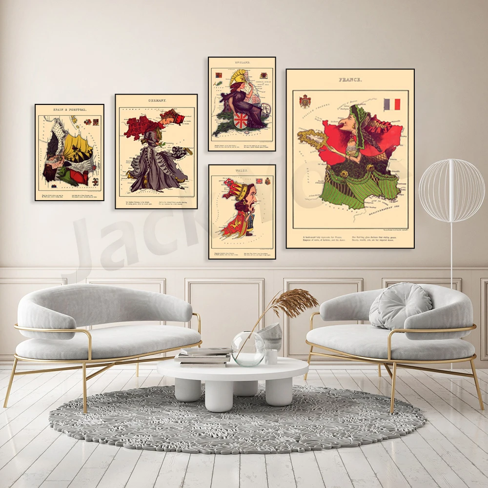 Scozia-Galles-Irlanda-Francia-Italia-Germania-Belgio E Olanda-Prussia-Inghilterra Mappa Comical-Poster Vintage
