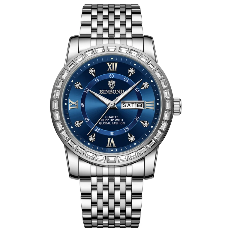 BINBOND-ساعة كوارتز مقاومة للماء من الفولاذ المقاو...