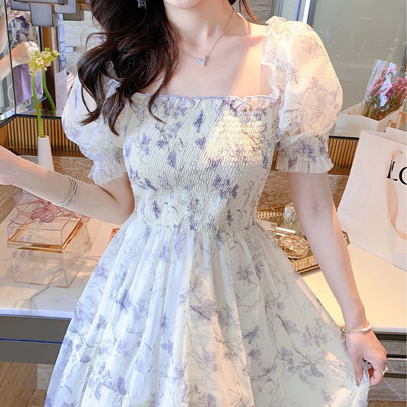 Korean Elegant Fashion Chiffon Dress Summer French Vintage Floral Dress  Square Collar Puff Short Sleeve Ink Painting Dress 20827