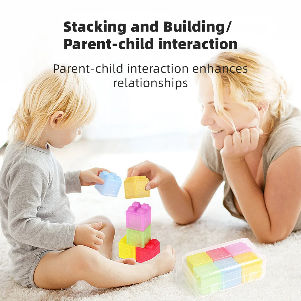 Educational Silicone Building Blocks Chewable Baby Toy Soft Rubber Blocks Storage Box For Kids Over 18 Months