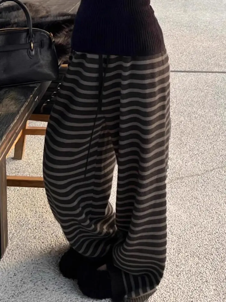 Harajuku Contrast Color Stripe Wide Leg Trousers Vintage Grunge Loose Knitted Casual Pant Y2k Aesthetic Women Straight Pants_ecoleips.com