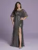 Mgiacy high-end evening dress with a round neck, see-through embroidered gold and silver sequins, and a split front and bottom p
