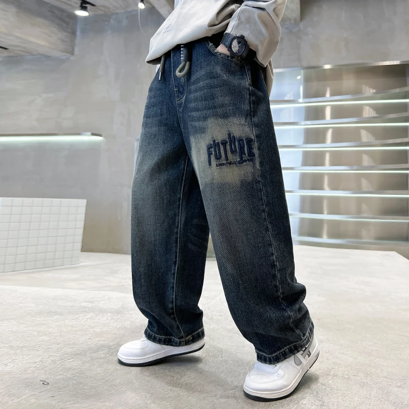 بنطلون جينز فضفاض للأولاد بتصميم خريفي وربيعي، بخصر مرتفع وساق طويلة، عصري وأنيق، ملابس أطفال، دنيم للأطفال