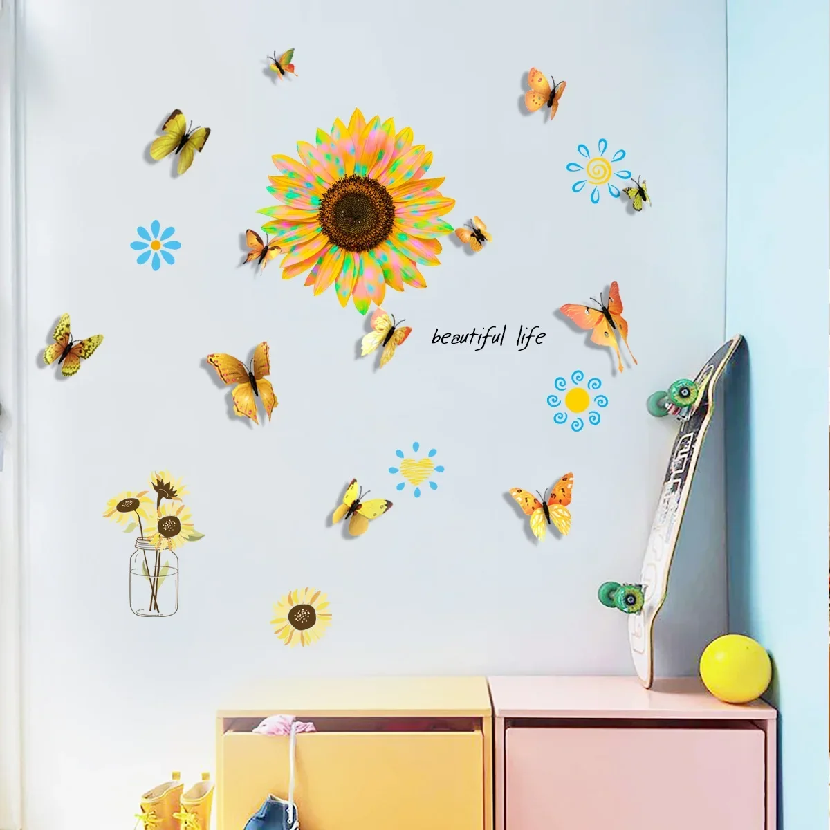 Sunflower Wall Sticker with 12pcs Colorful Butterflies Creative Living Room Bedroom Background Decor 30x60cm